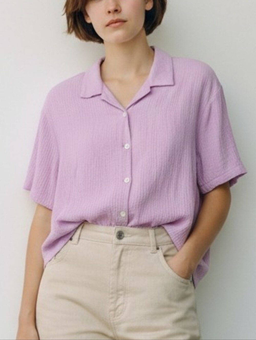 Things Between 100% Cotton Boxy Crop Blouse Lavender Crinkle Top Size Medium